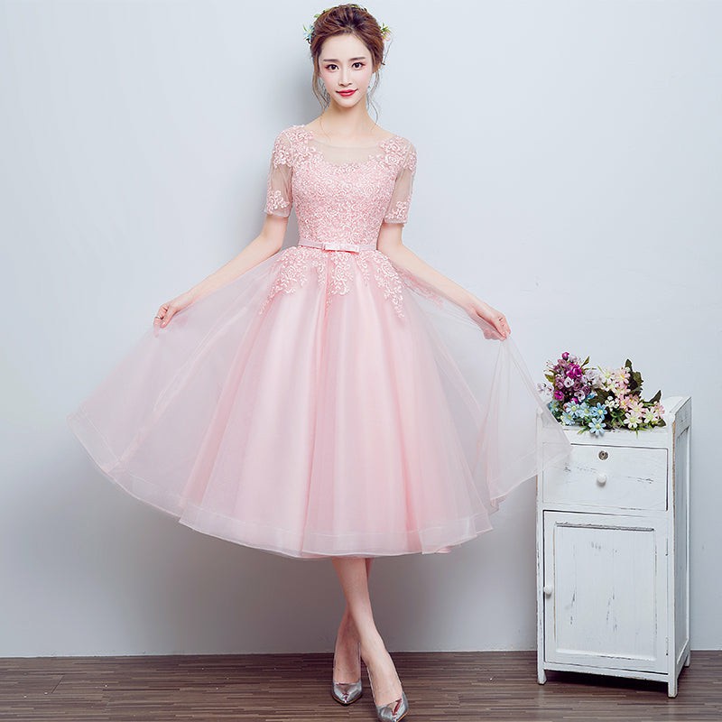 Pretty Pink Tulle Tea Length Bridesmaid Dress, Tulle with Lace Party Dress